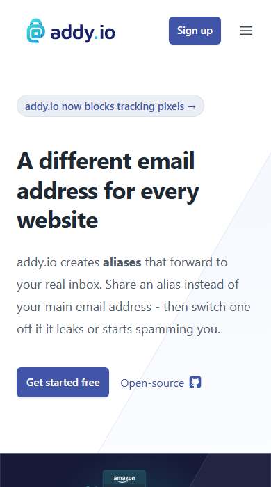 addy.io homepage on a phone
