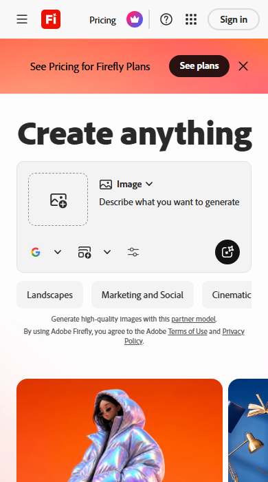 Adobe Firefly homepage on a phone
