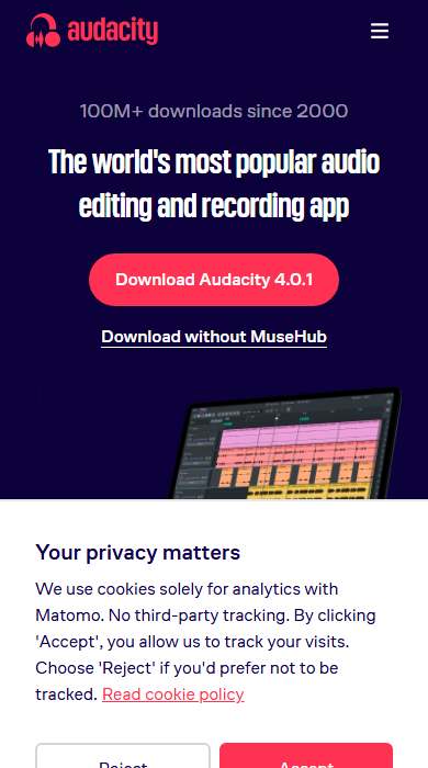 Audacity homepage on a phone