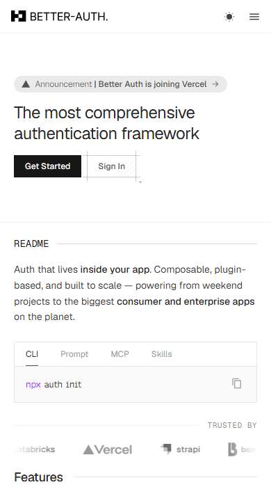 Better Auth homepage on a phone