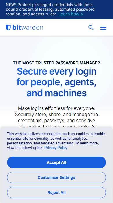 Bitwarden homepage on a phone