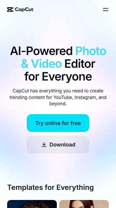 CapCut homepage on a phone