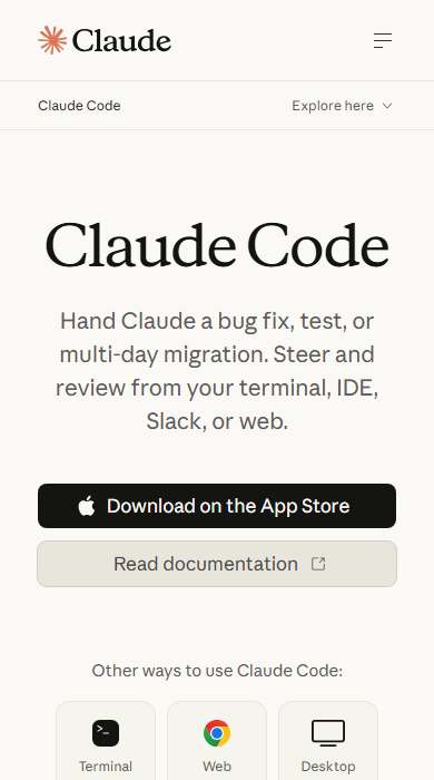 Claude Code homepage on a phone