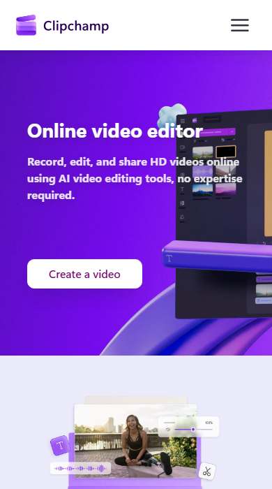 Clipchamp homepage on a phone