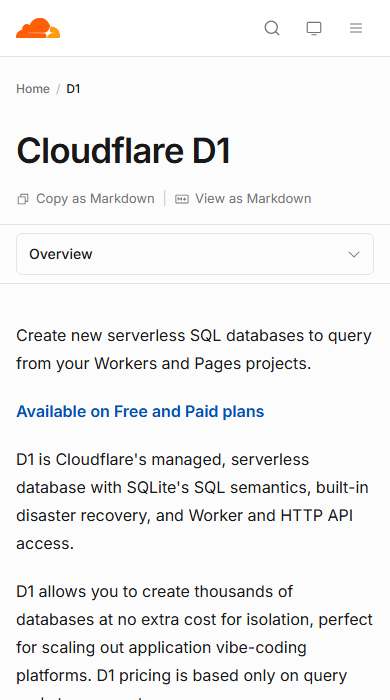 Cloudflare D1 homepage on a phone