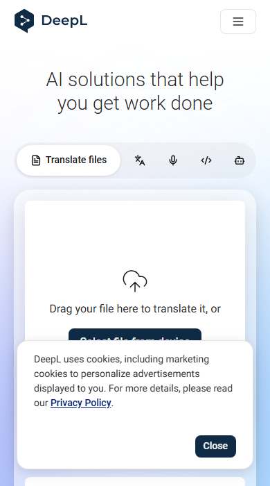 DeepL homepage on a phone
