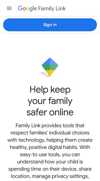 Screen Time, Family Link, Family Safety homepage on a phone