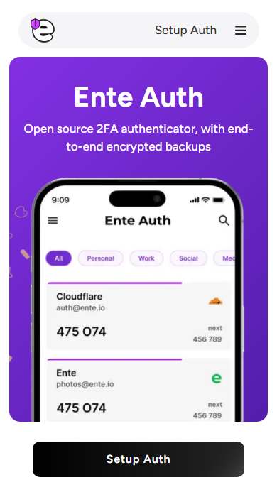 Ente Auth homepage on a phone