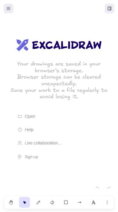 Excalidraw homepage on a phone