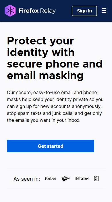 Firefox Relay homepage on a phone