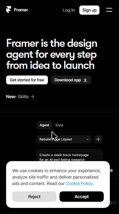 Framer homepage on a phone
