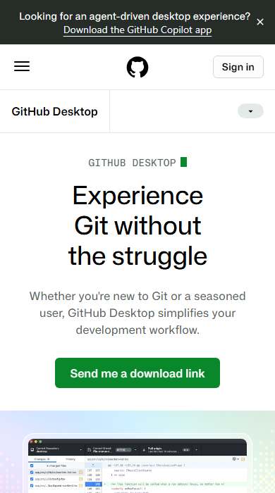 GitHub Desktop homepage on a phone