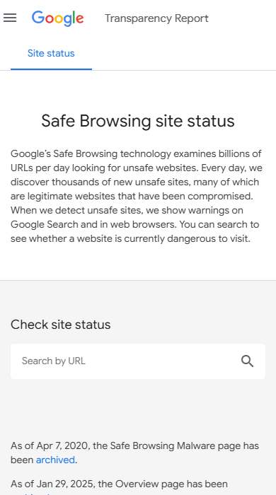 Google Safe Browsing site status homepage on a phone