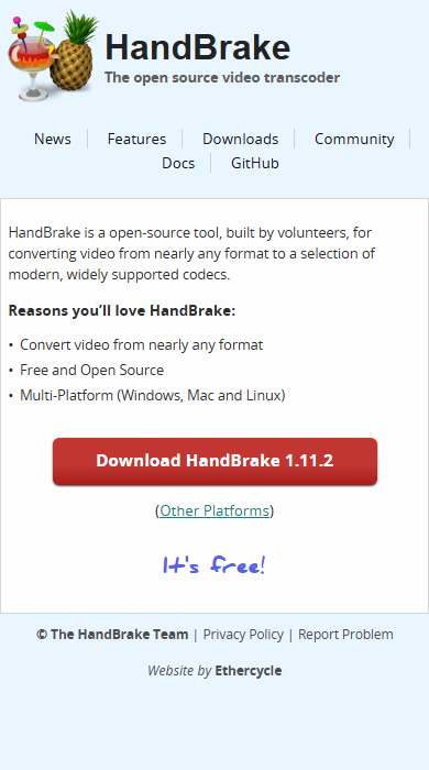 HandBrake homepage on a phone