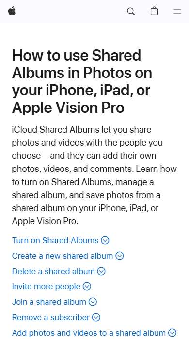 iCloud Shared Albums homepage on a phone