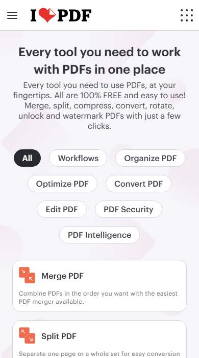 iLovePDF homepage on a phone