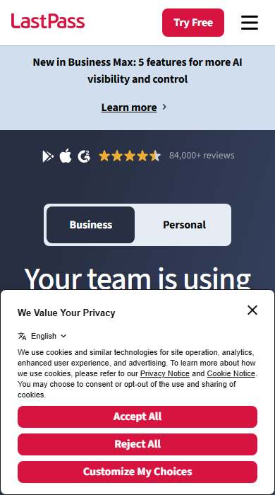 LastPass homepage on a phone
