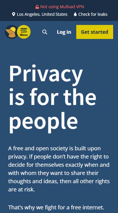Mullvad VPN homepage on a phone