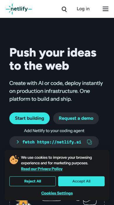 Netlify homepage on a phone