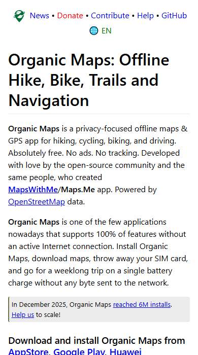 Organic Maps homepage on a phone