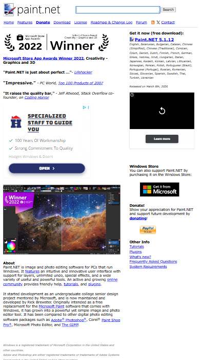 Paint.NET homepage on a phone
