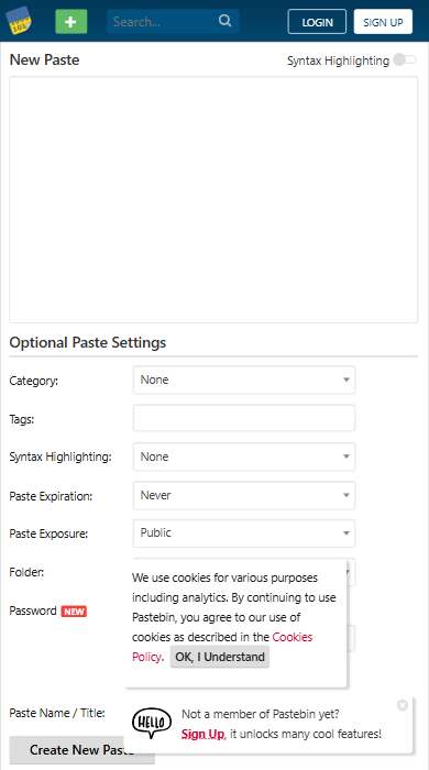Pastebin homepage on a phone