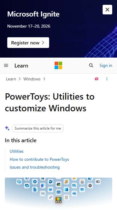 Microsoft PowerToys homepage on a phone