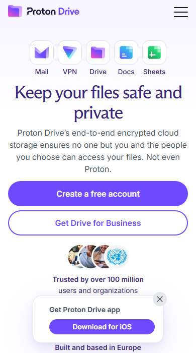 Proton Drive homepage on a phone