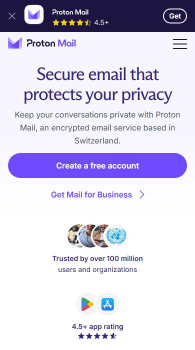 Proton Mail homepage on a phone