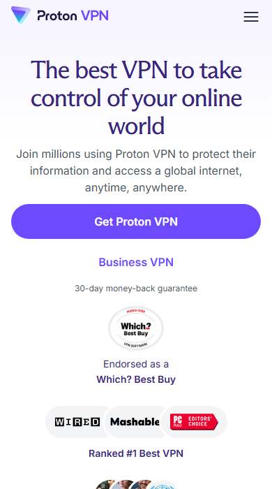 Proton VPN homepage on a phone