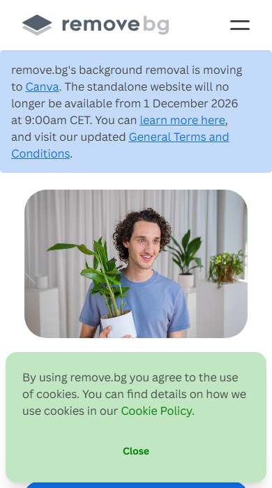 remove.bg homepage on a phone