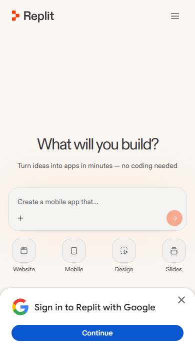 Replit homepage on a phone