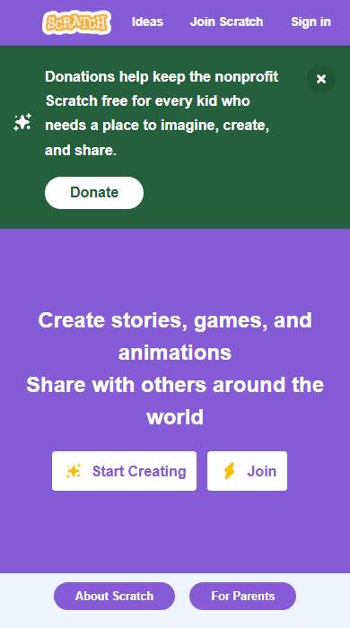 Scratch homepage on a phone
