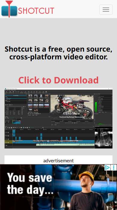 Shotcut homepage on a phone
