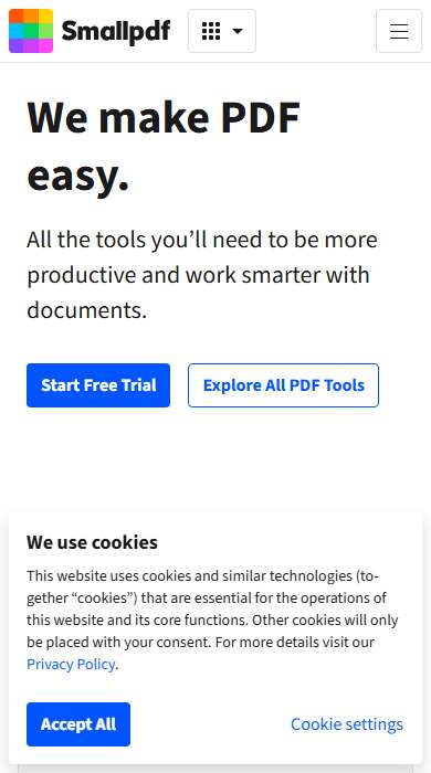 Smallpdf homepage on a phone