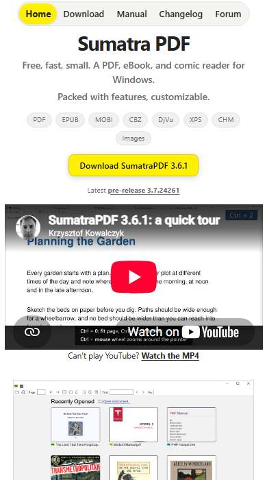 SumatraPDF homepage on a phone