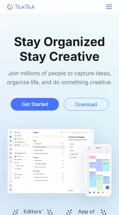 TickTick homepage on a phone