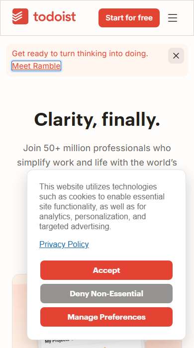 Todoist homepage on a phone