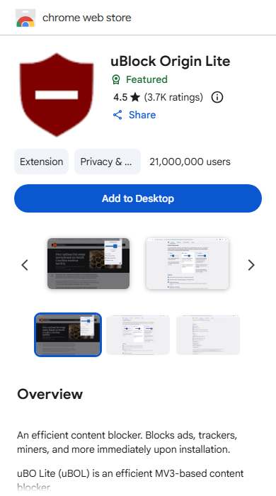 uBlock Origin Lite homepage on a phone