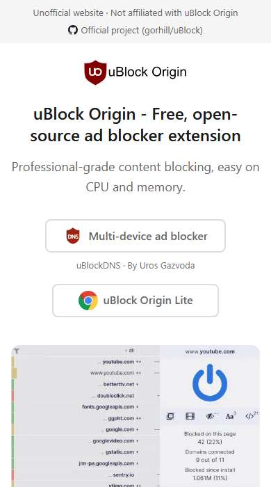 uBlock Origin homepage on a phone