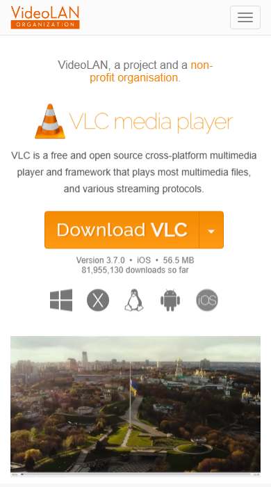 VLC media player homepage on a phone