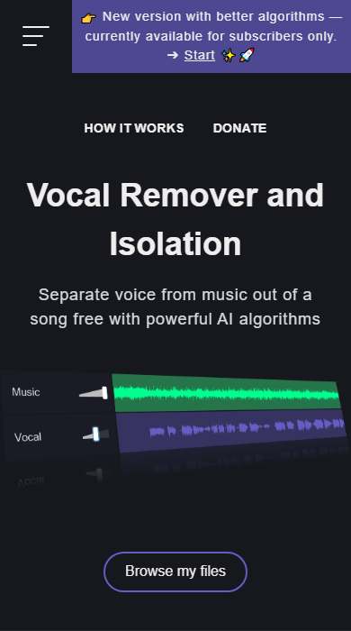vocalremover.org homepage on a phone
