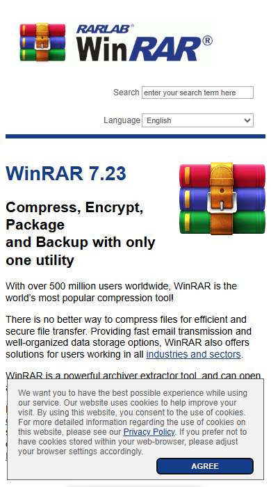 WinRAR homepage on a phone