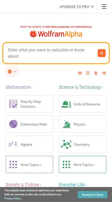 Wolfram Alpha homepage on a phone